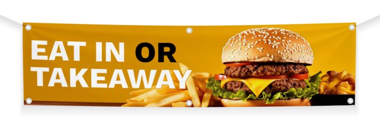 Eat in or takeaway banner for burger shop